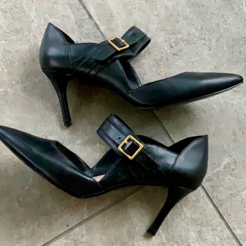 Nine West Black Pointed Toe Mary Jane Heels with Gold Buckles - Picture 2 of 6